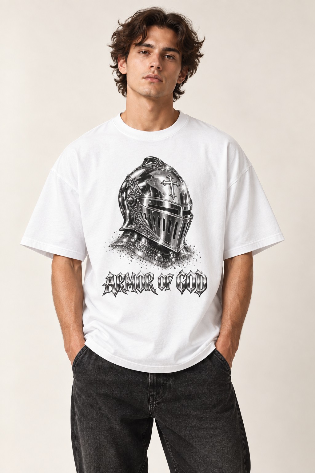 Model trägt Armor of God Boxy T-Shirt in Weiß, Vorderansicht