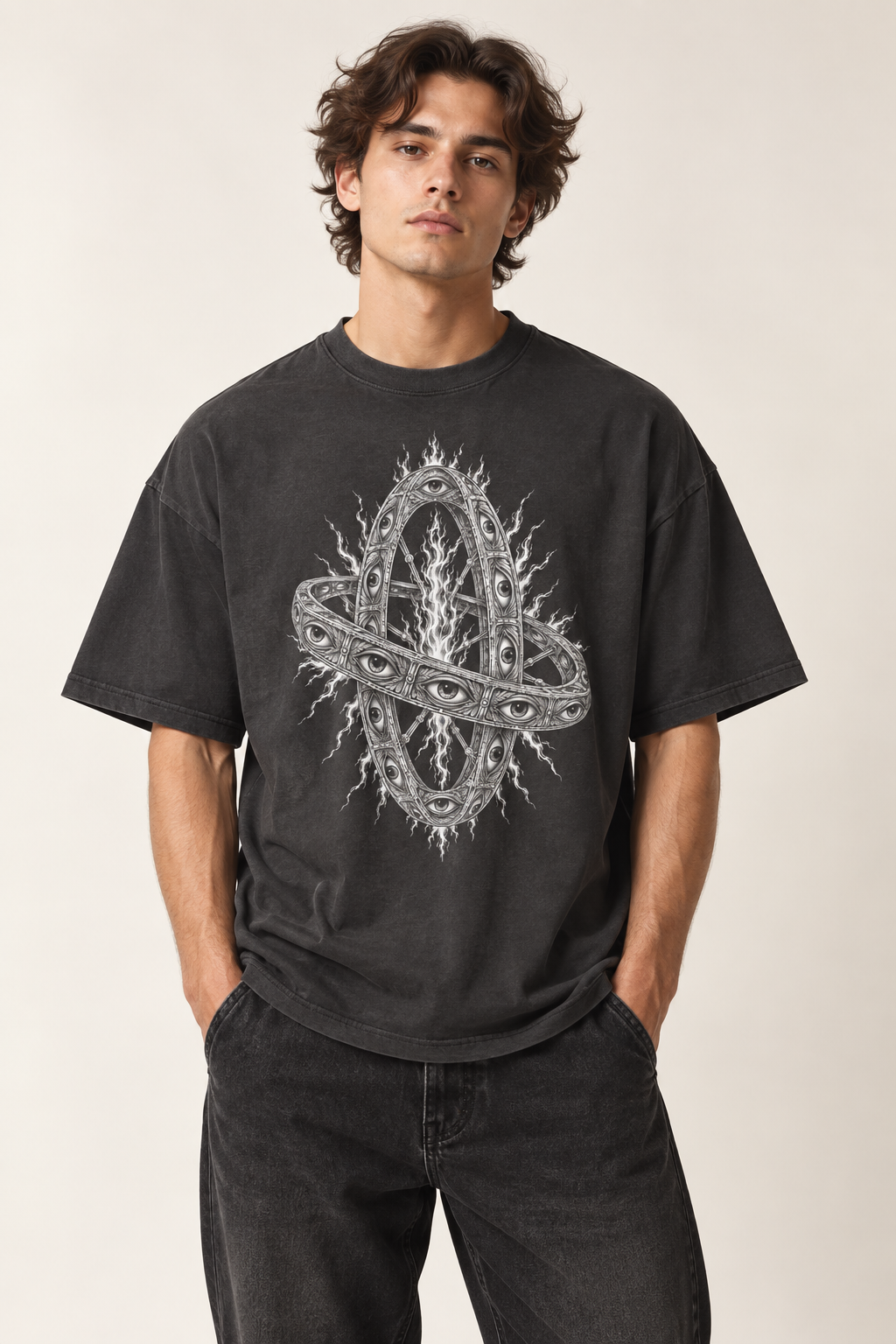 Model trägt Ophanim Boxy T-Shirt in Vintage Black, Vorderansicht