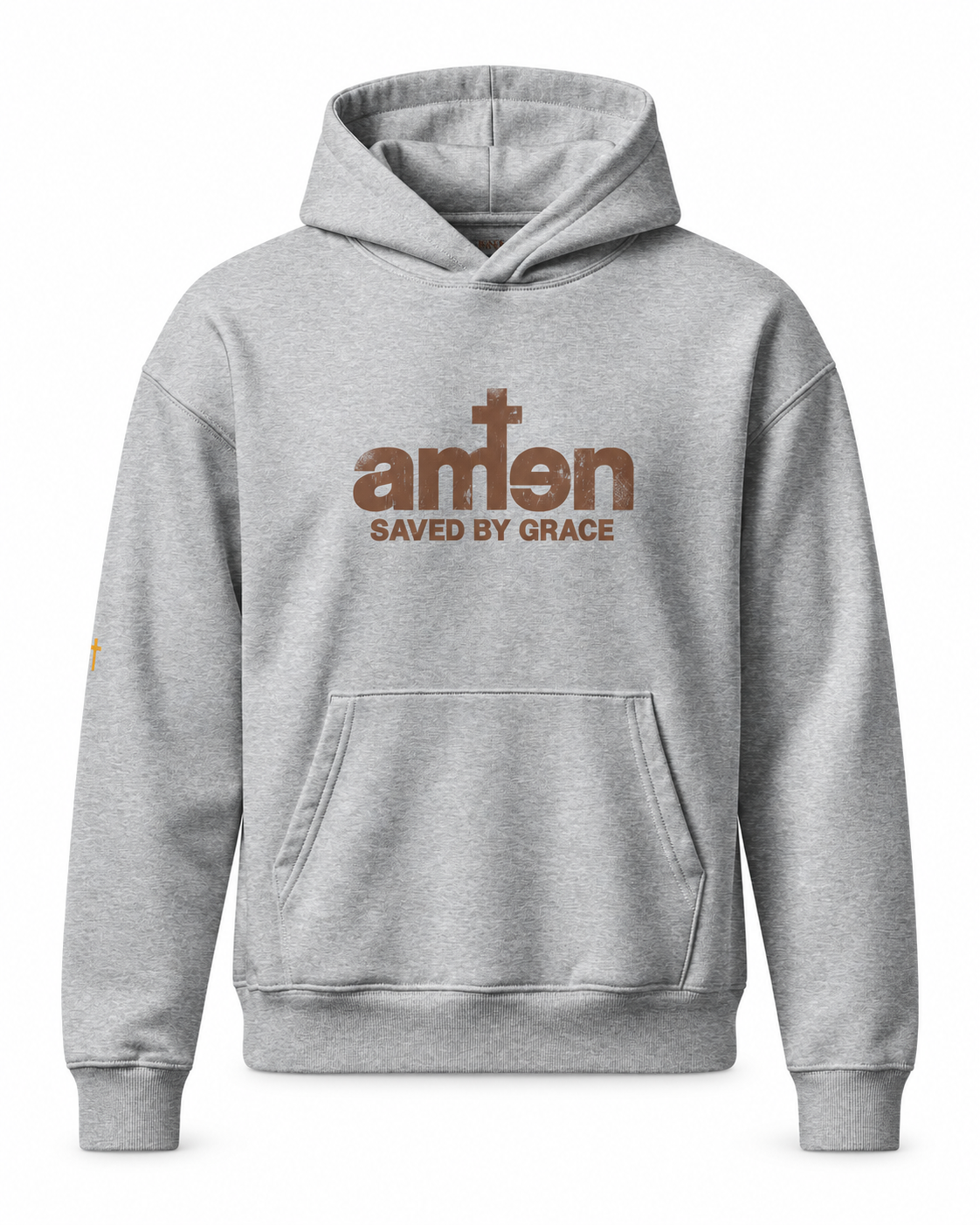 Amen Hoodie in Grau meliert mit braunem Saved-by-Grace-Motiv – Vorderansicht auf Weiß