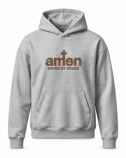 Amen Hoodie in Grau meliert mit braunem Saved-by-Grace-Motiv – Vorderansicht auf Weiß