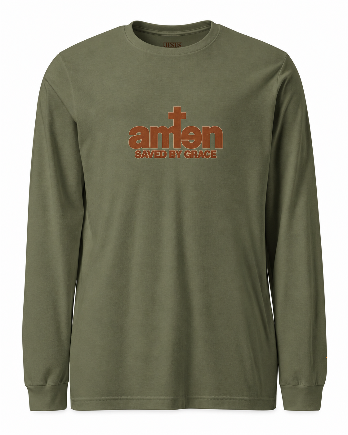 Amen Longsleeve in Military Green mit braunem Saved-by-Grace-Motiv – Vorderansicht auf Weiß