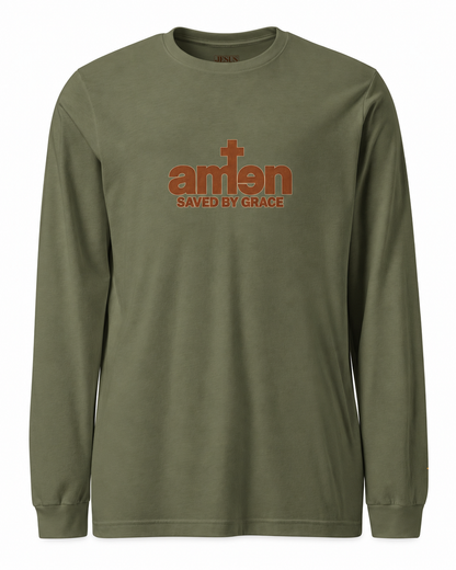 Amen Longsleeve in Military Green mit braunem Saved-by-Grace-Motiv – Vorderansicht auf Weiß