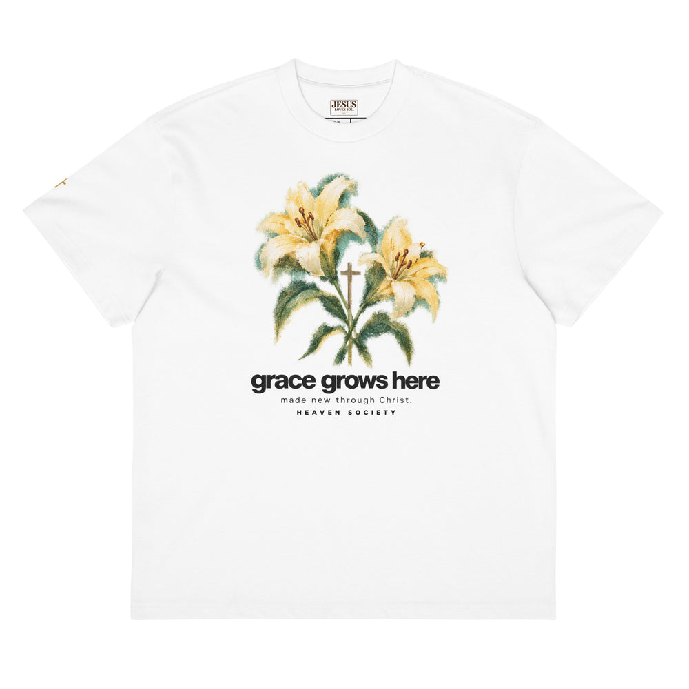 "Grace Grows Here" Boxy T-Shirt — Weiß