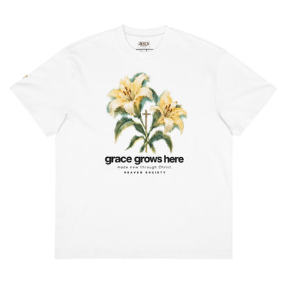 Grace Grows Here Boxy T-Shirt in White with lilies and cross artwork, front view