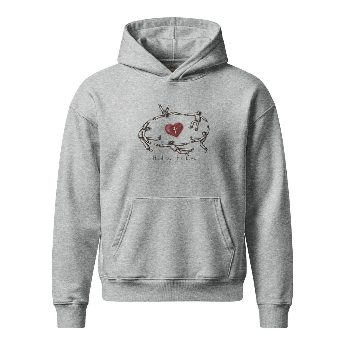 Held by His Love Relaxed Hoodie in Heather Grey, front view