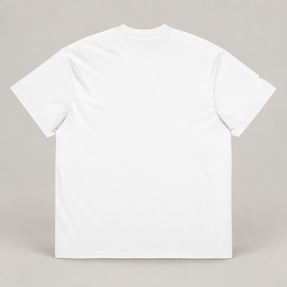 No Fear, Just Faith Boxy T-Shirt in White, back view on a warm grey studio background