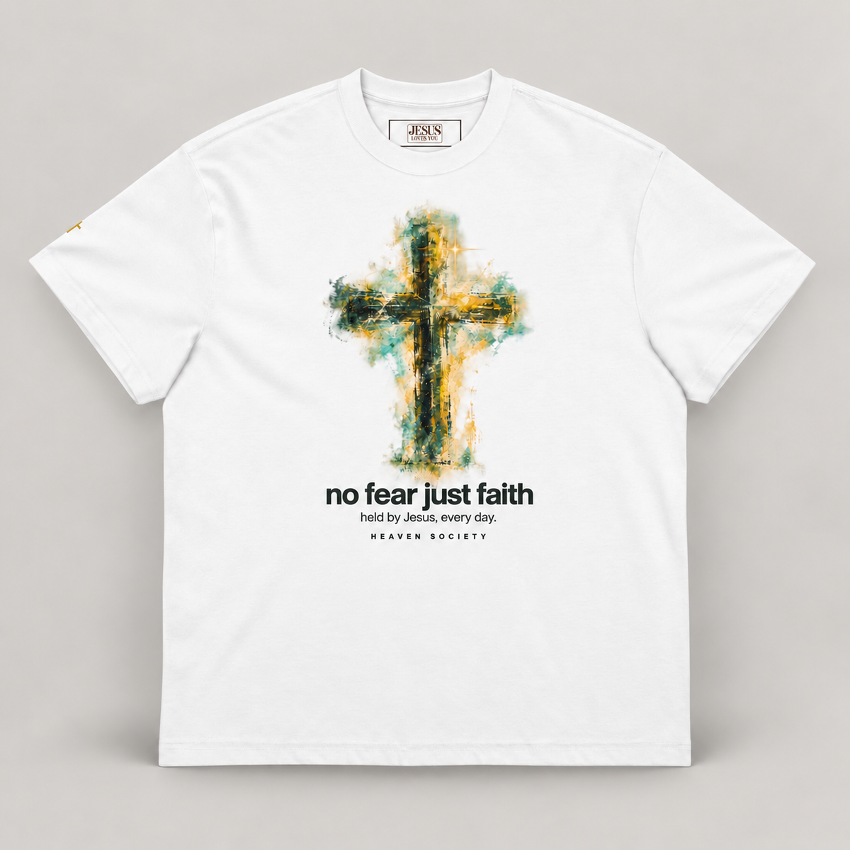 No Fear, Just Faith Boxy T-Shirt in White, front view on a warm grey studio background