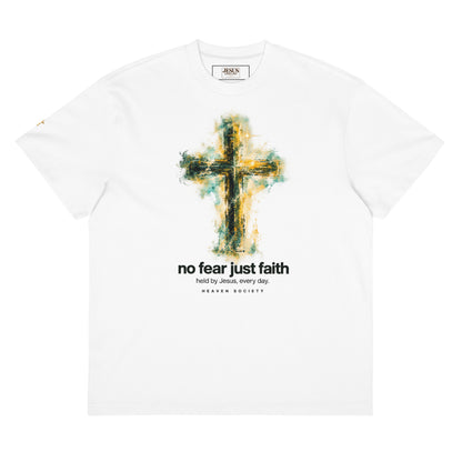 No Fear, Just Faith Boxy T-Shirt in White with painterly cross artwork, front view
