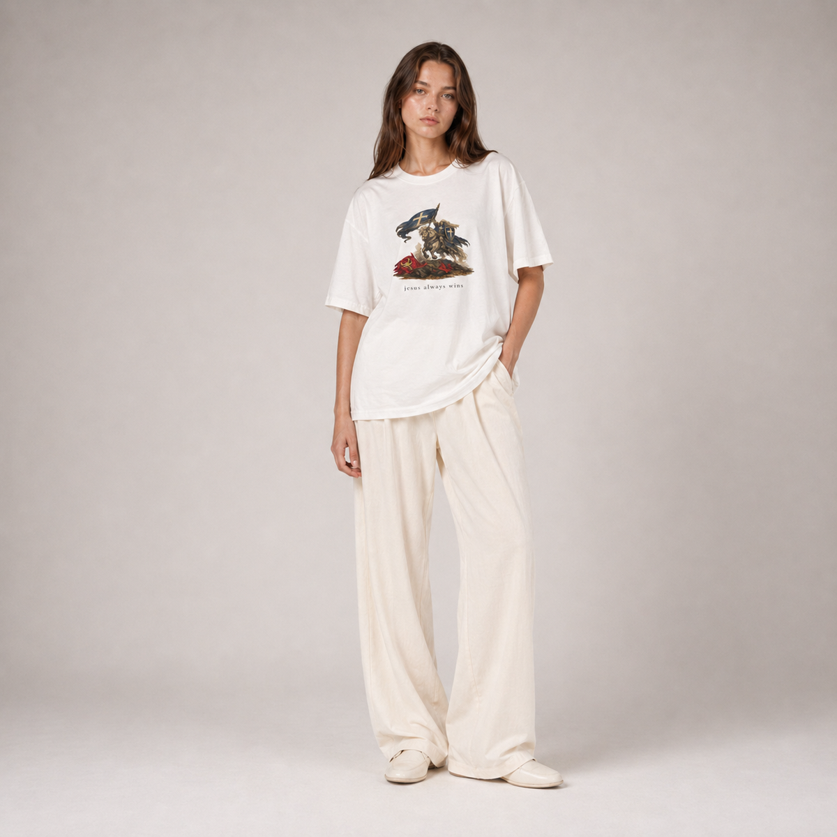 Heaven Society „Jesus Always Wins“ Boxy Tee – White