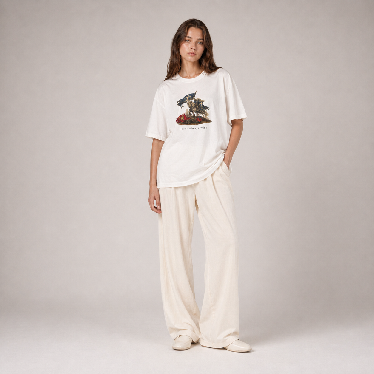 Heaven Society „Jesus Always Wins“ Boxy Tee – White