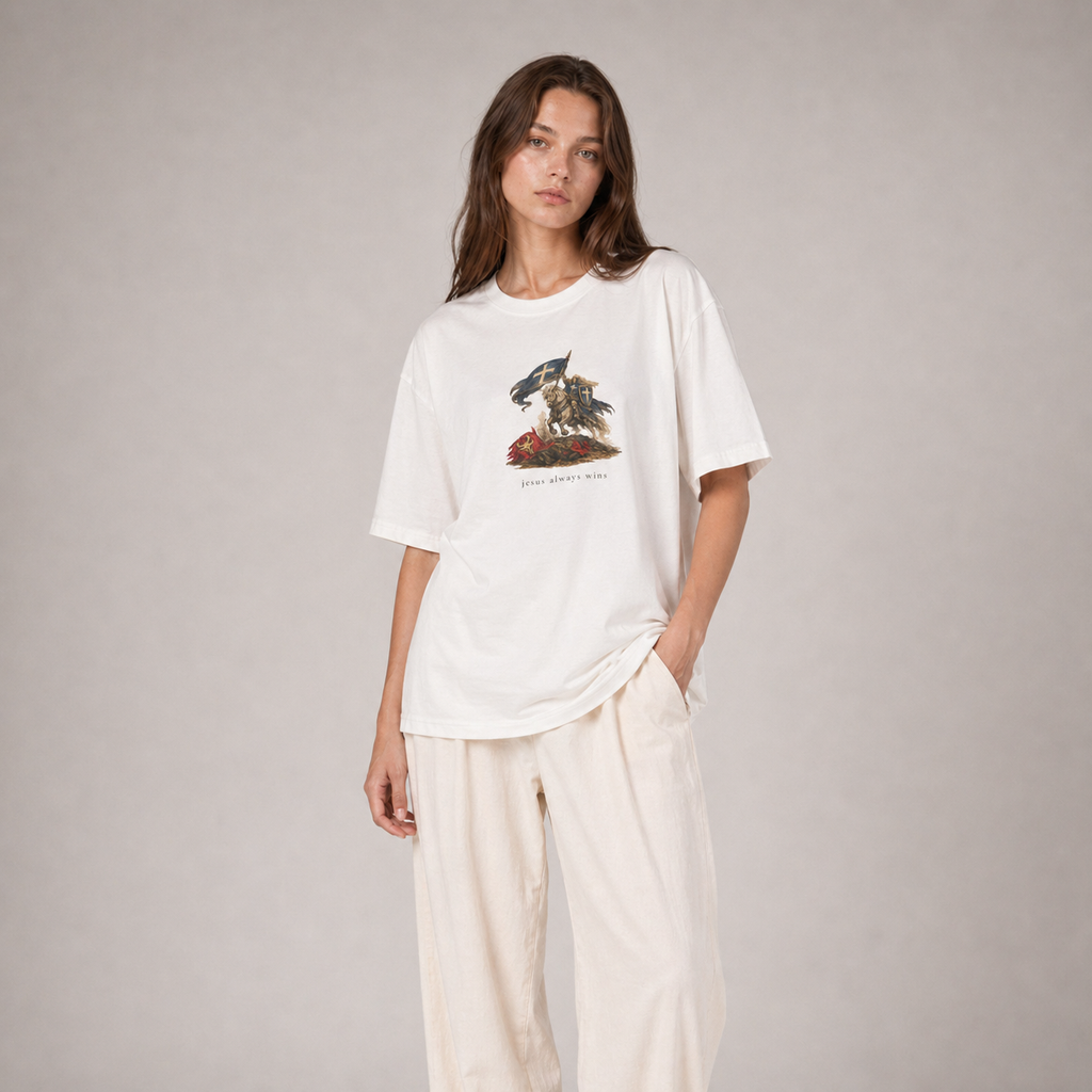 Heaven Society „Jesus Always Wins“ Boxy Tee – White