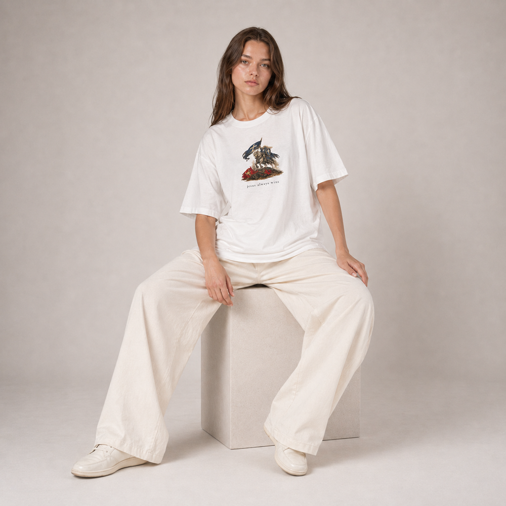 Heaven Society „Jesus Always Wins“ Boxy Tee – White