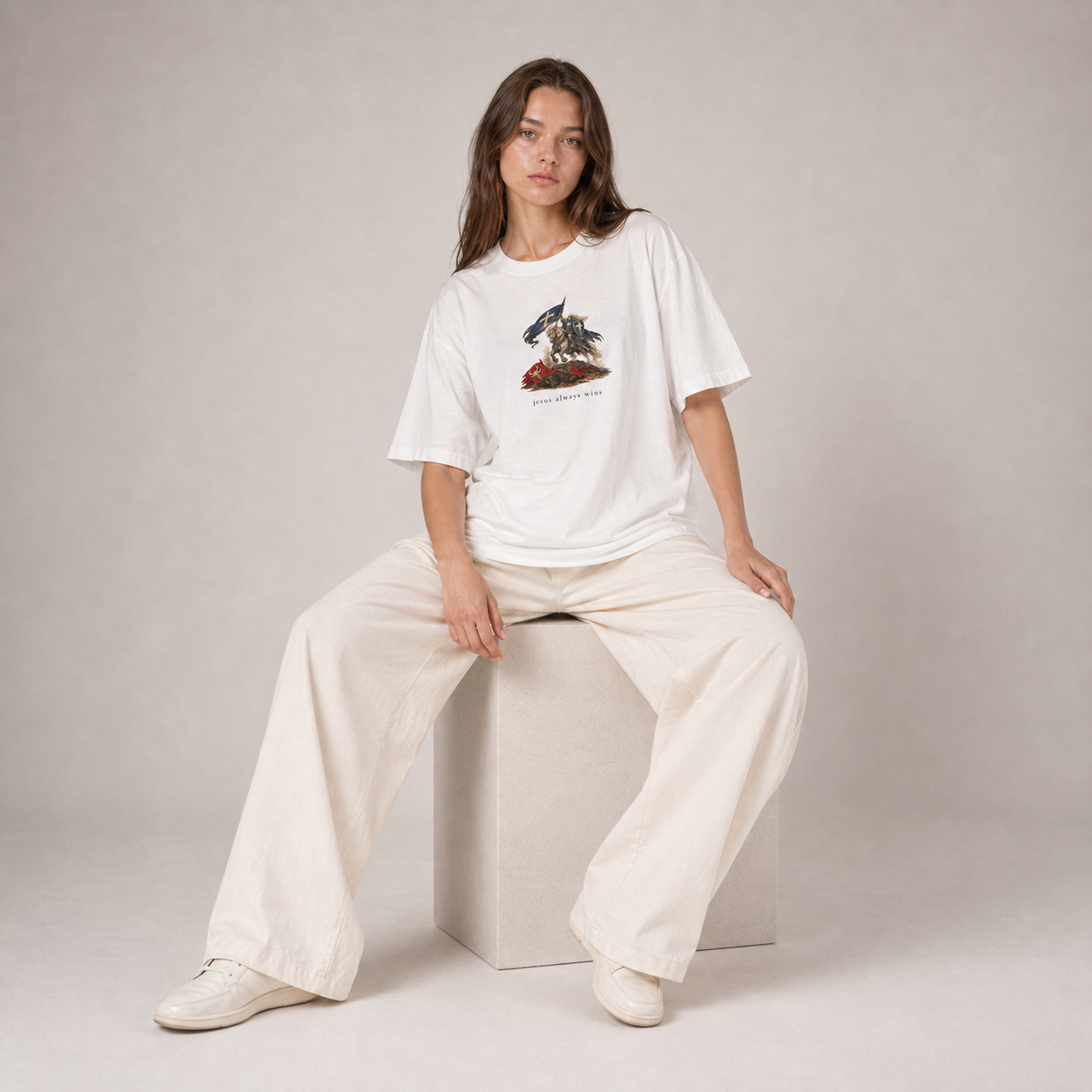 Heaven Society „Jesus Always Wins“ Boxy Tee – White