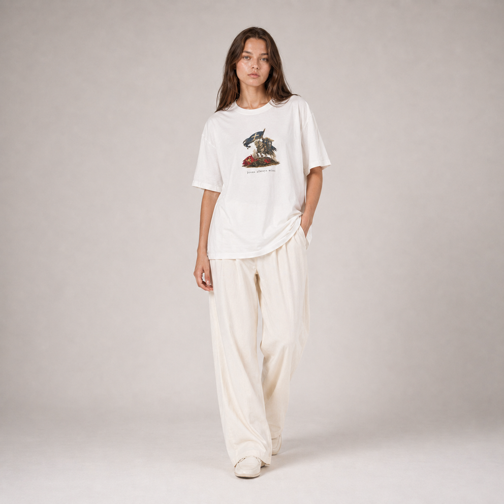 Heaven Society „Jesus Always Wins“ Boxy Tee – White