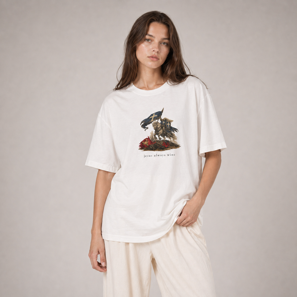 Heaven Society „Jesus Always Wins“ Boxy Tee – White