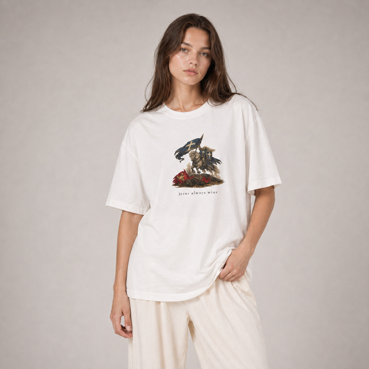 Heaven Society „Jesus Always Wins“ Boxy Tee – White