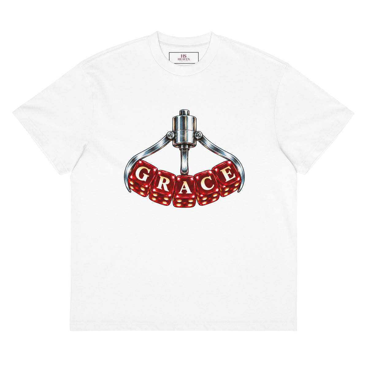 Grace Boxy T-Shirt — White. Front view with red GRACE dice and chrome claw graphic.