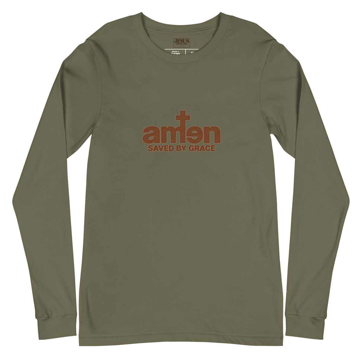 Amen Longsleeve in Military Green – Vorderansicht, weitere Produktansicht, Produkt-Mockup