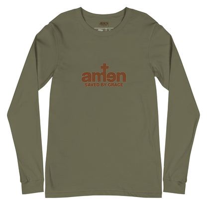 Amen Longsleeve in Military Green – Vorderansicht, weitere Produktansicht, Produkt-Mockup