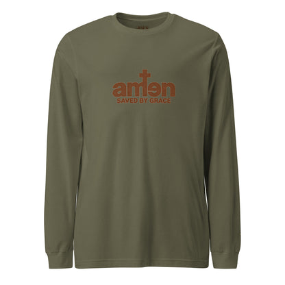 Amen Longsleeve in Military Green – Vorderansicht, Produkt-Mockup