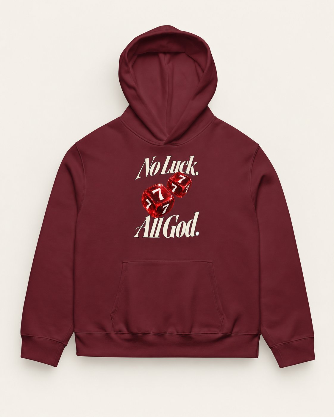 No Luck, All God oversized heavyweight hoodie in maroon – front with cream lettering and red dice
