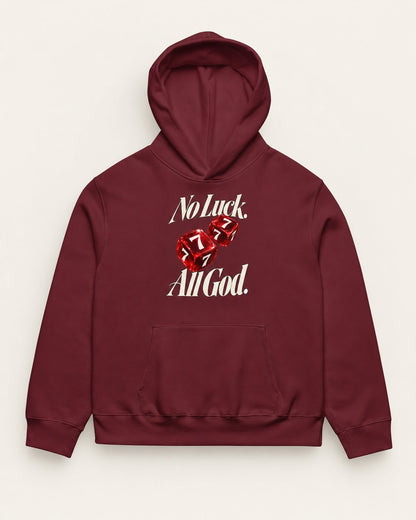 No Luck, All God oversized heavyweight hoodie in maroon – front with cream lettering and red dice