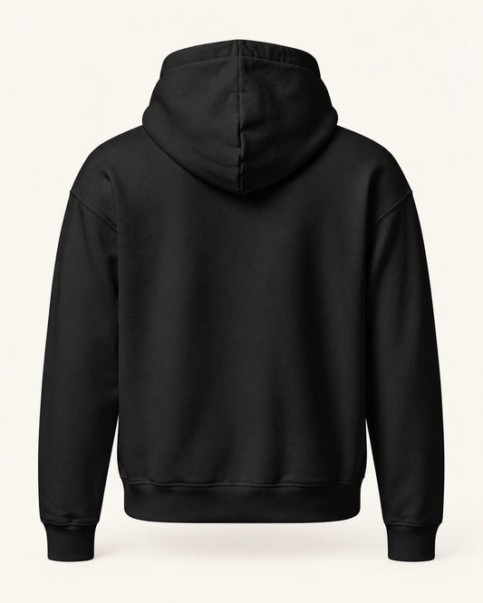 Yeshua Relaxed Hoodie in Schwarz – schlichte Rückseite mit Kapuze.