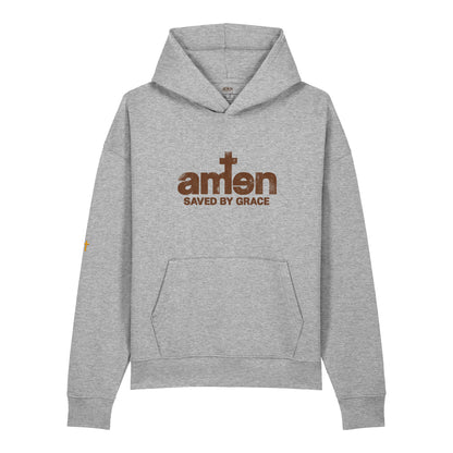 Amen Hoodie in Grau meliert – Vorderansicht, weitere Produktansicht, Produkt-Mockup