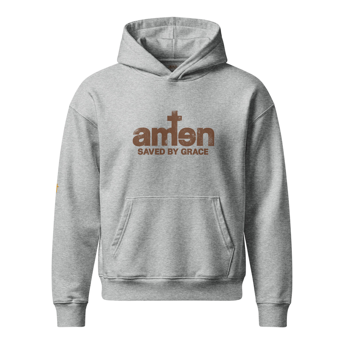 Amen Hoodie in Grau meliert – Vorderansicht, Produkt-Mockup