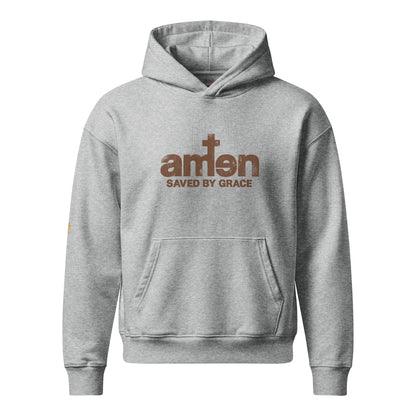 Amen Hoodie in Grau meliert – Vorderansicht, Produkt-Mockup
