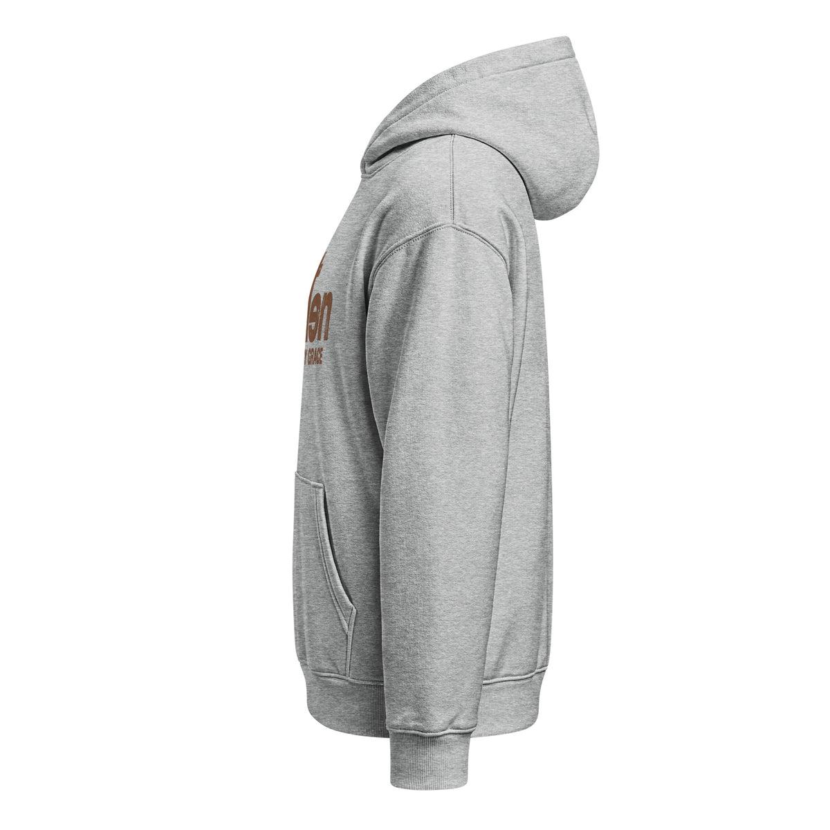 Amen Hoodie in Grau meliert – Seitenansicht links, Produkt-Mockup