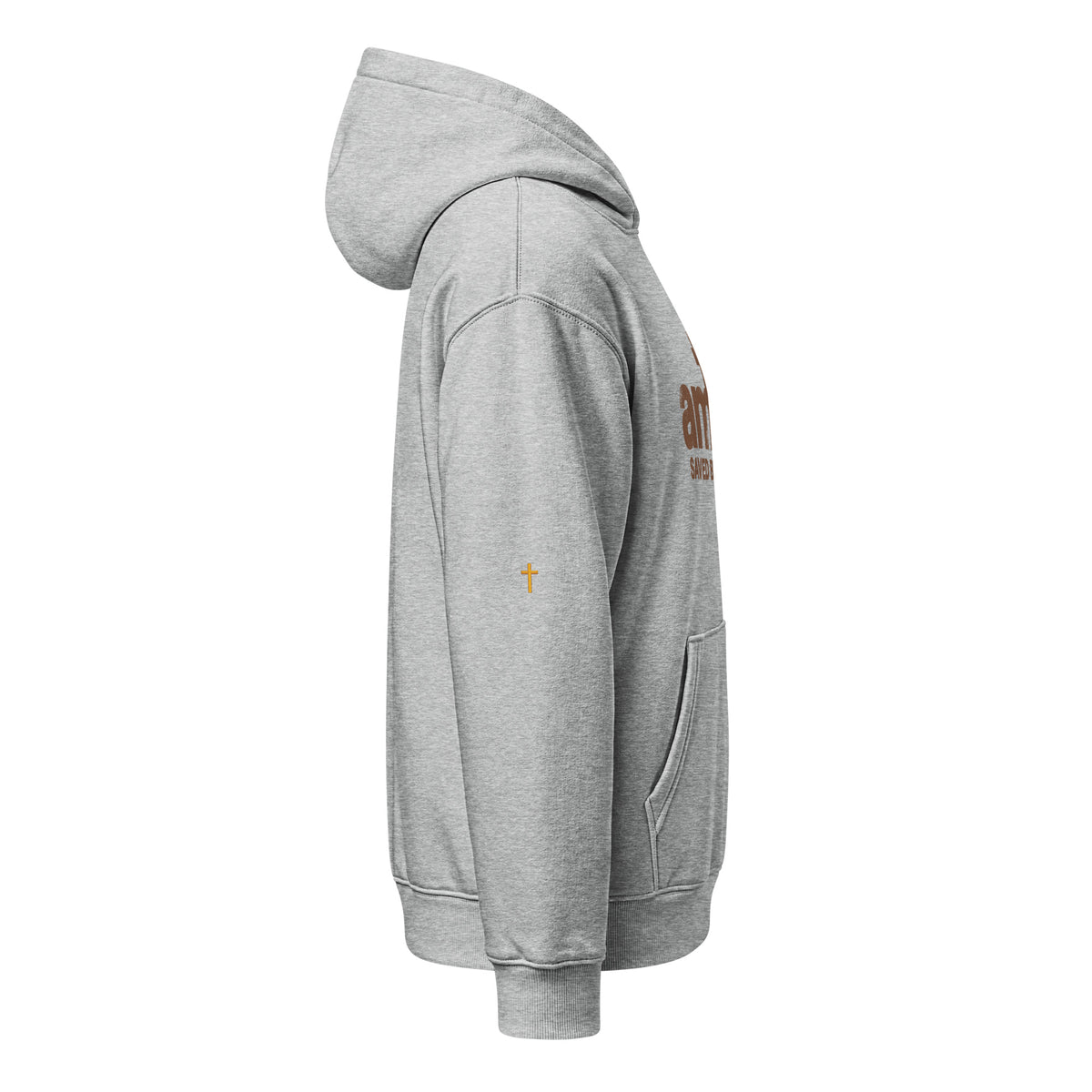 Amen Hoodie in Grau meliert – Seitenansicht rechts, Produkt-Mockup