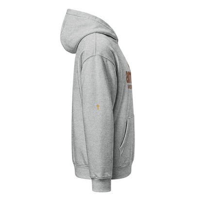 Amen Hoodie in Grau meliert – Seitenansicht rechts, Produkt-Mockup