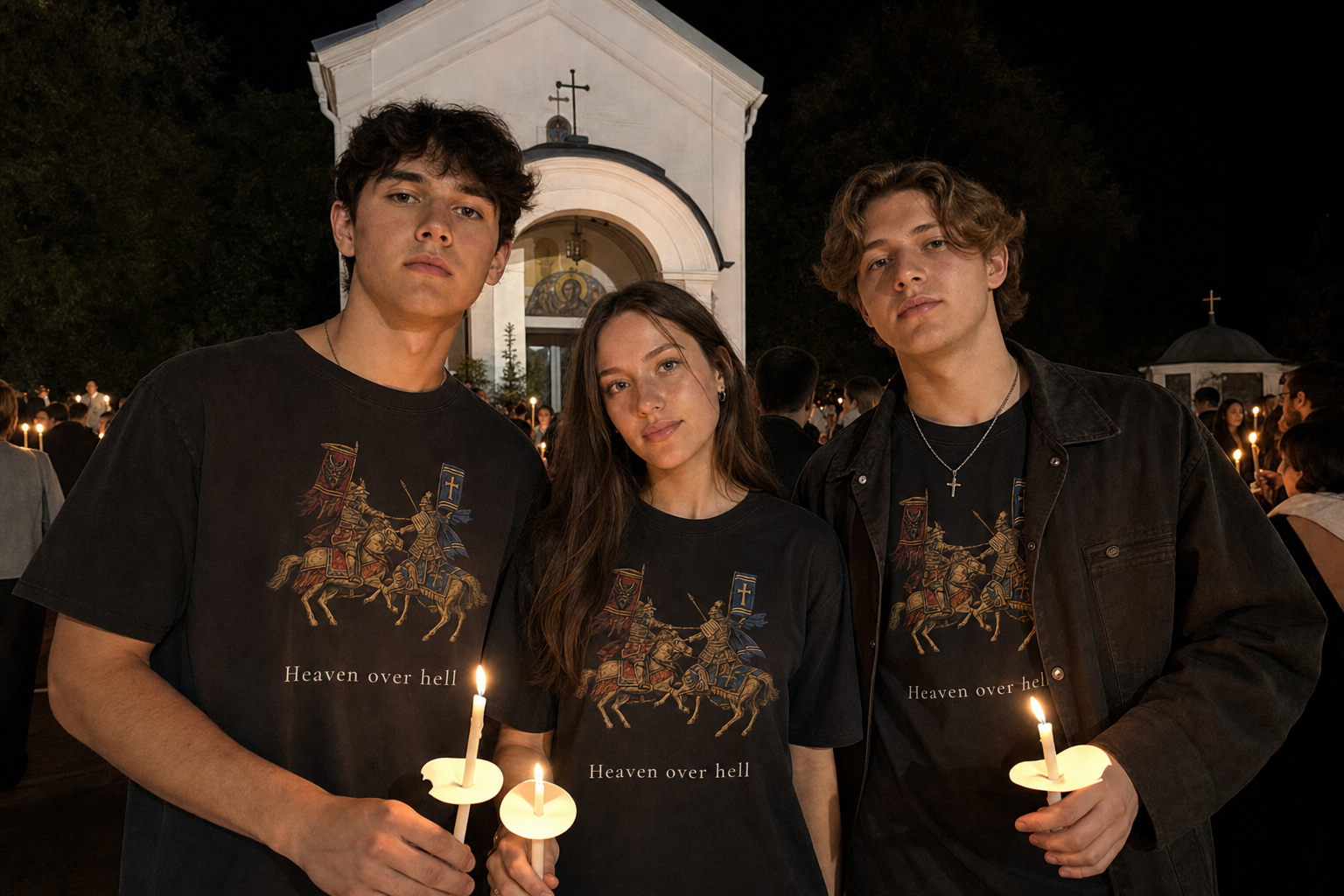 Junge Christen tragen Heaven Society Streetwear bei Kerzenlicht vor einer Kirche